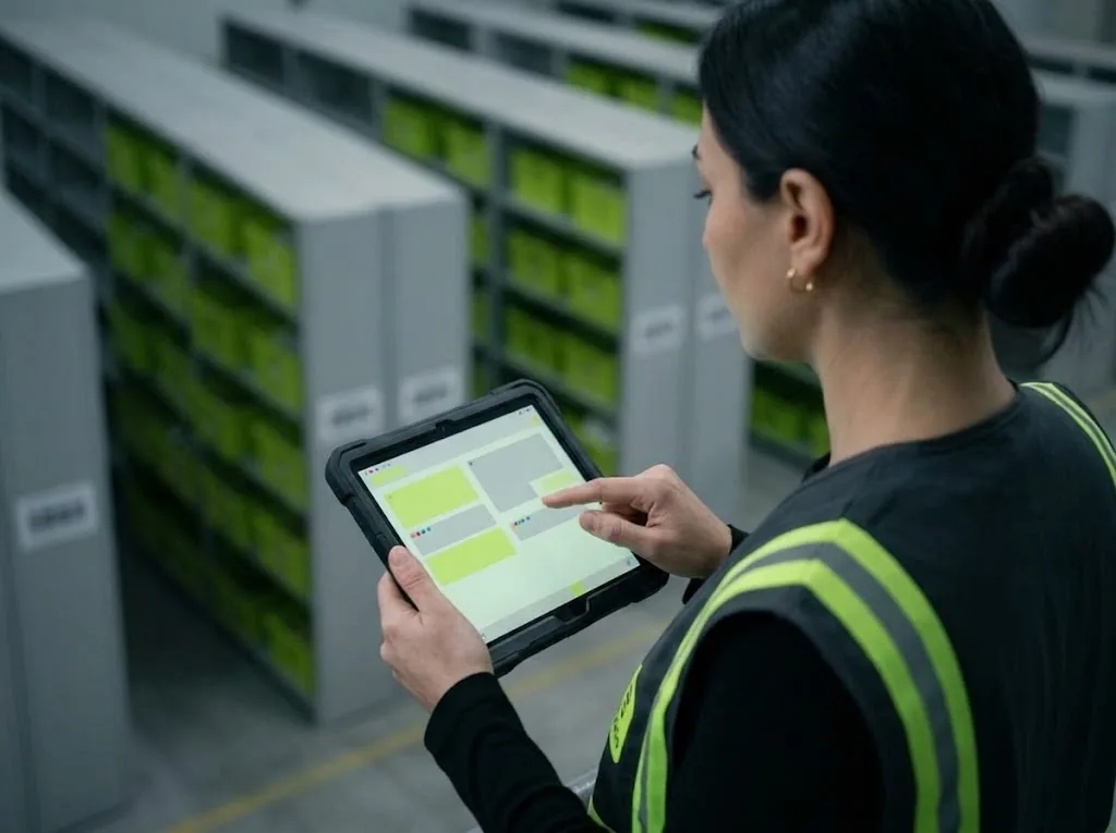 Tablet ekranını inceleyen depo sorumlusu.