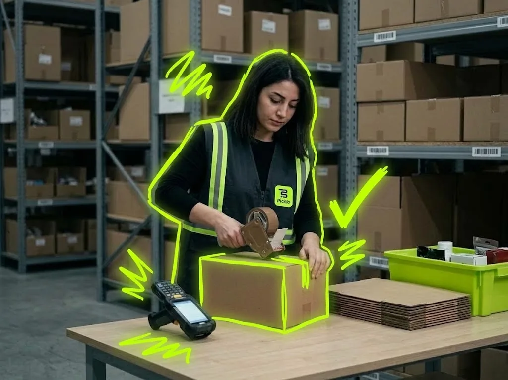 Paketleme masasında koliyi kapatan çalışan; yanında yeşil tote.