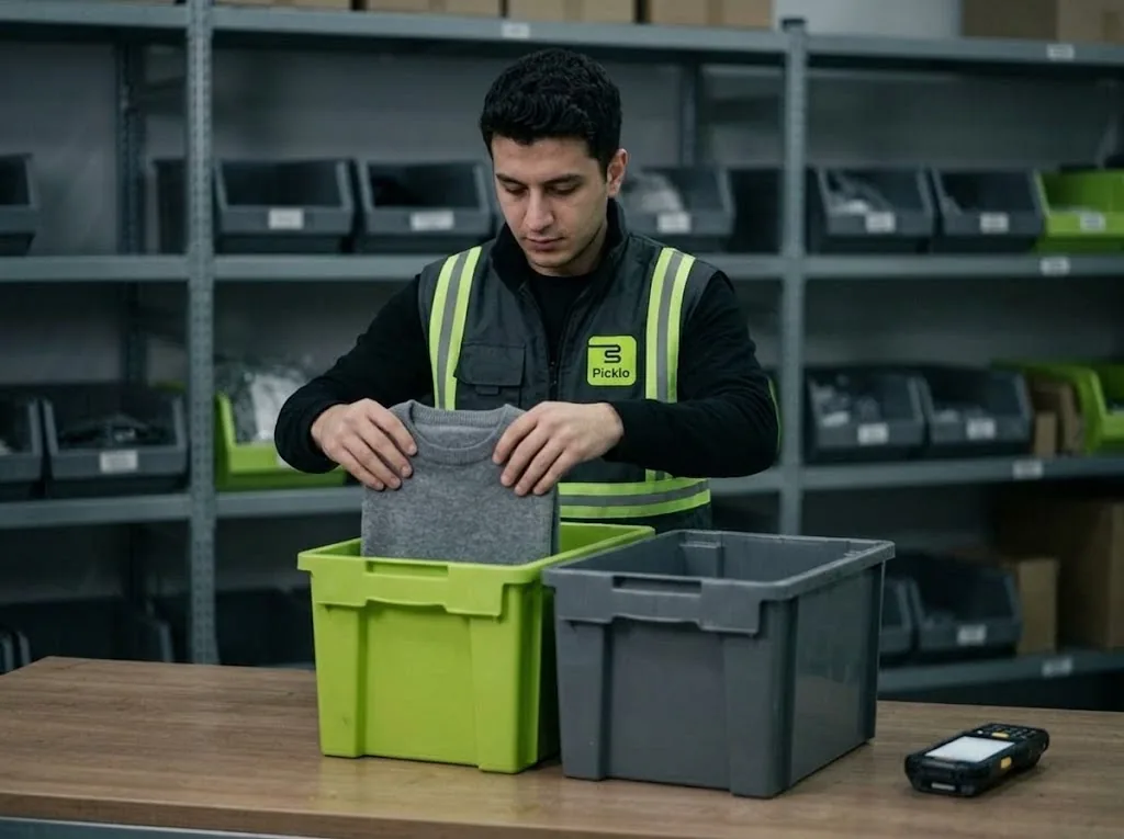 Kontrolü geçen katlanmış kazağı yeşil kasaya koyan çalışan.