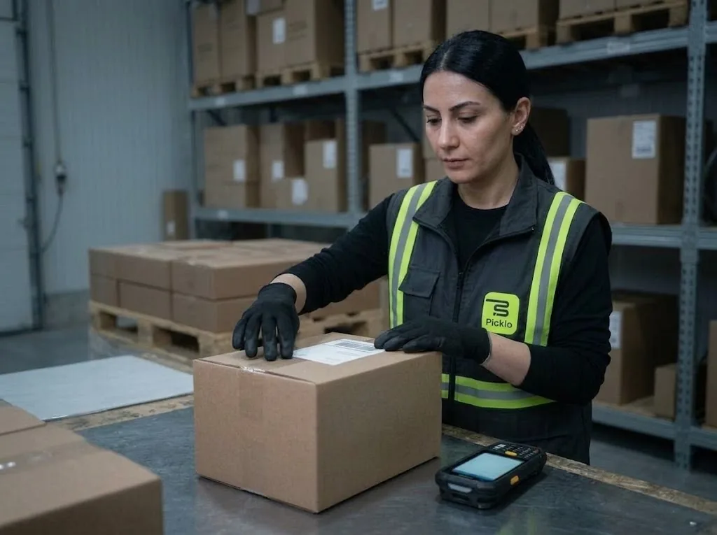 Worker smoothing a shipping label onto a sealed carton on the table.