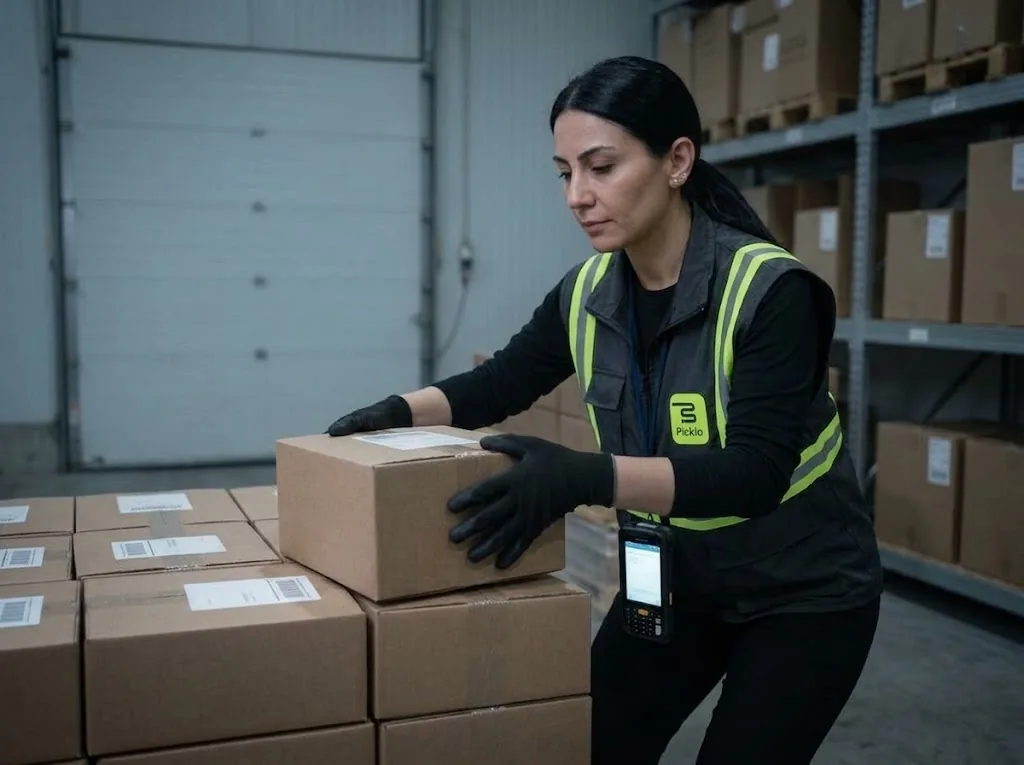 Worker squaring a labelled carton onto a pallet at the loading area.