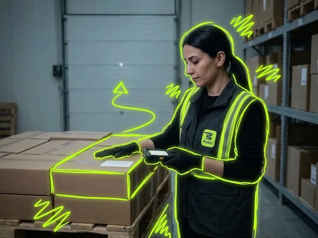Worker at the loading door scanning the label of a carton on a pallet with the handheld.